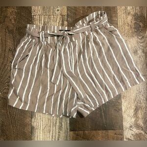 High Waist Brown and White Striped Shorts with Elastic Waistband